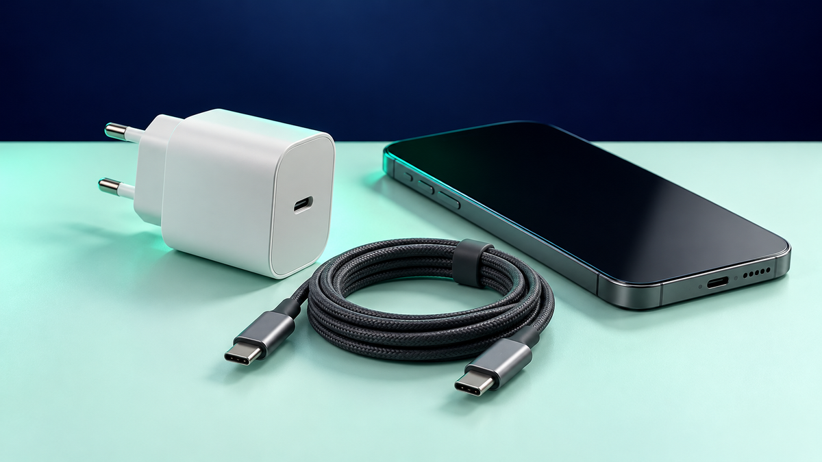 מטען עם תקע אירופי, כבל USB-C וסמארטפון על משטח מנטה ורקע נייבי